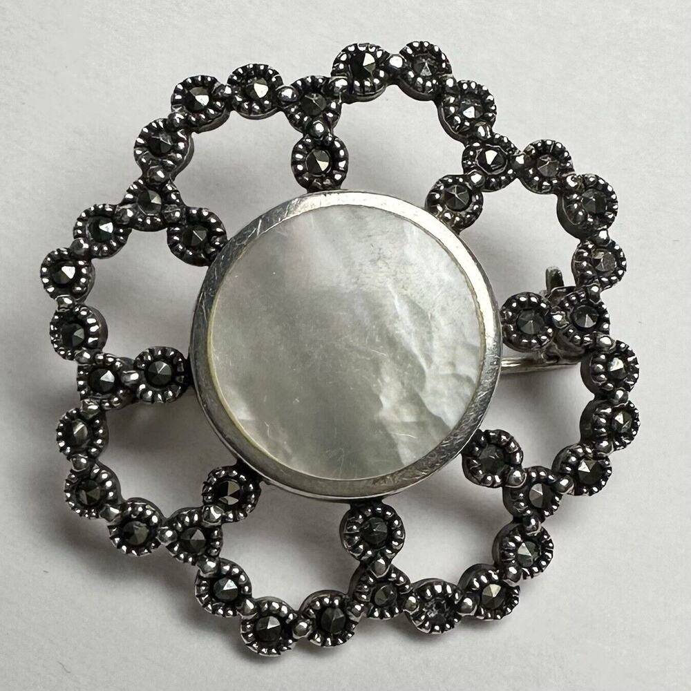 Vintage Sterling Mother of Pearl Abalone Marcasite Flower Art Deco Brooch 925 A